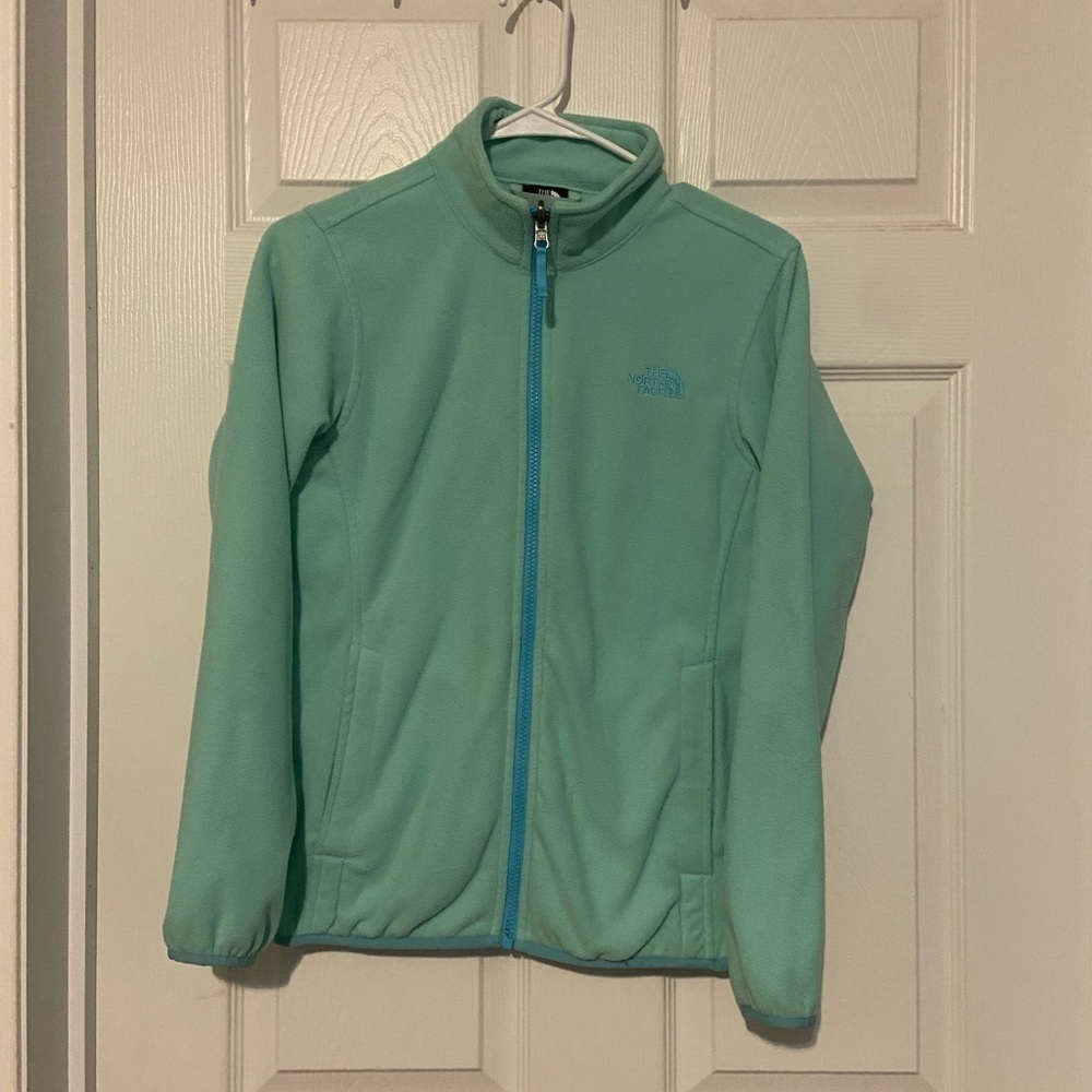 North Face Girl's Fleece Jacket L 14-16 Green Blue Fleece Zip Up Logo W/ Pockets